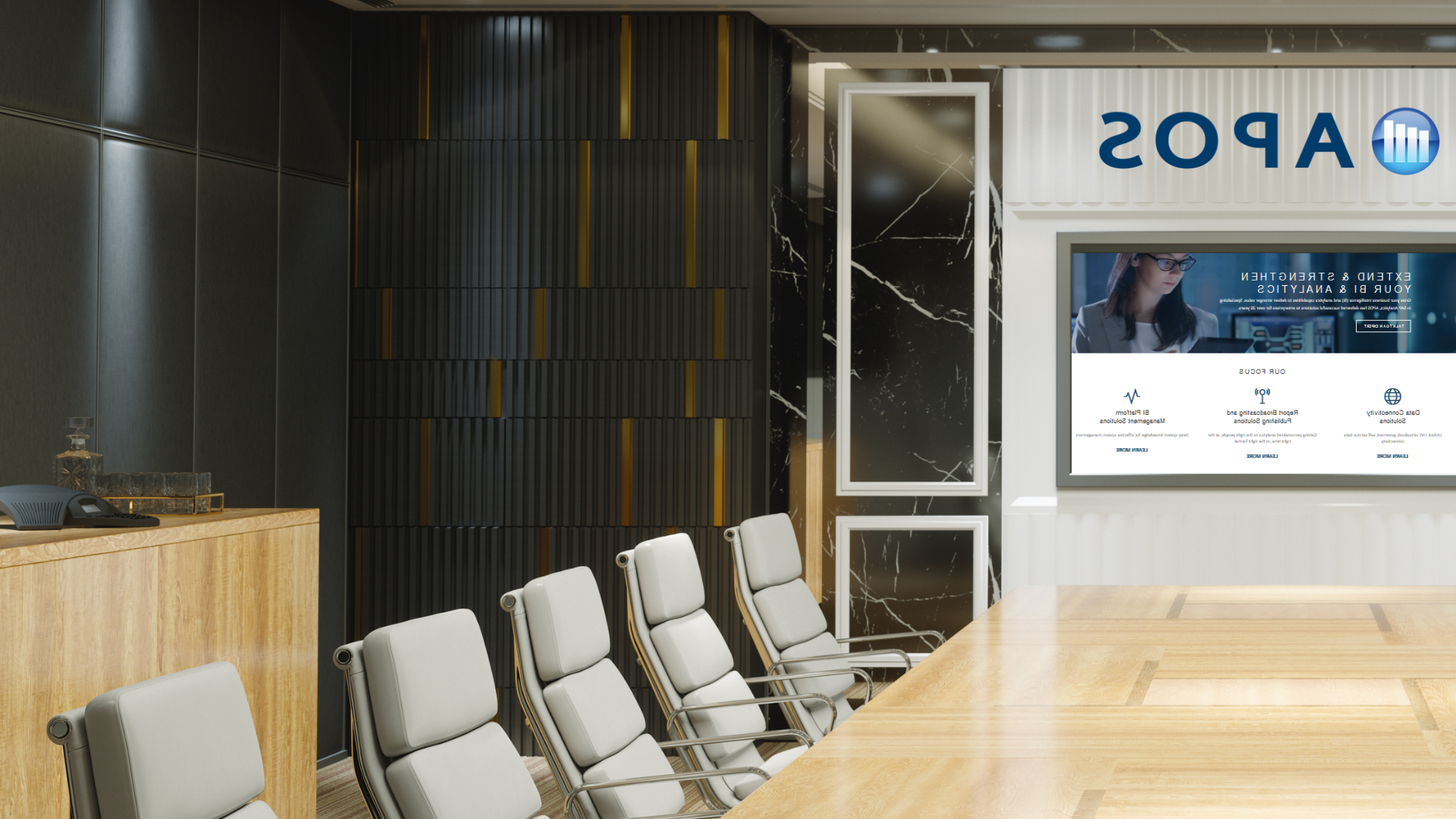 empty boardroom, APOS logo on back screen