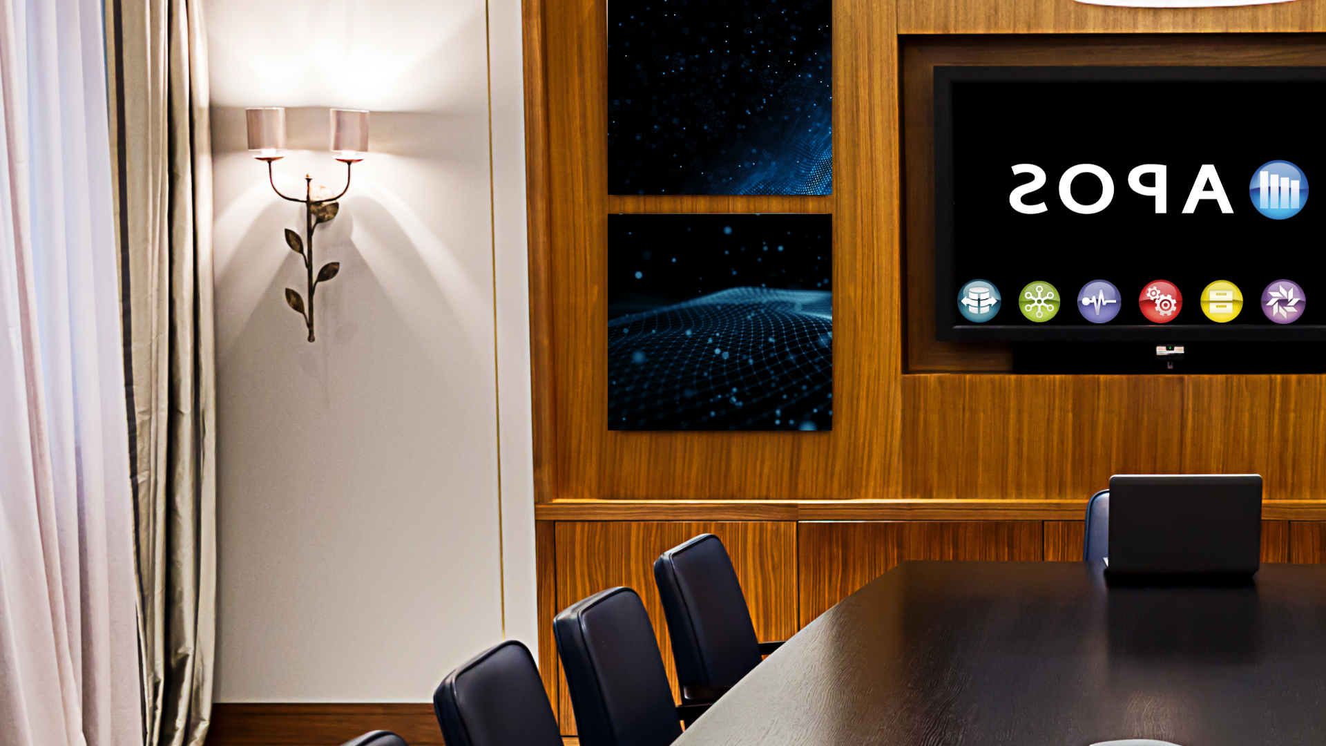 empty boardroom, APOS logo and solutions on back screen