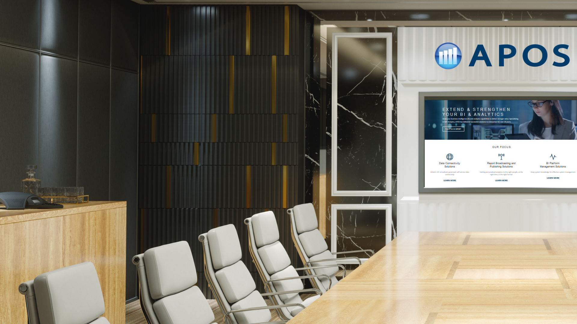 empty boardroom, APOS logo on back screen