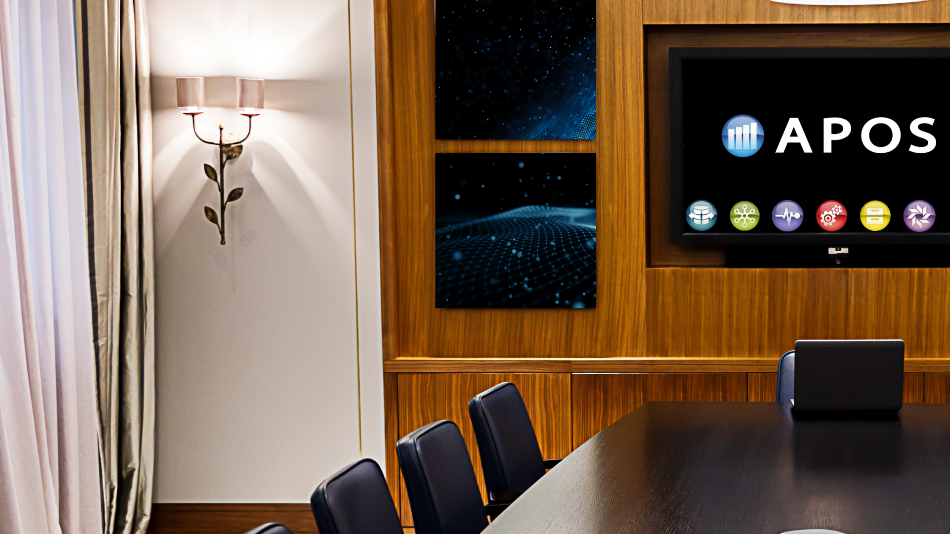 empty boardroom, APOS logo and solutions on back screen