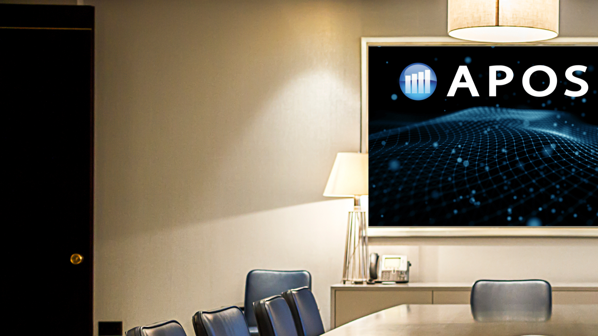 empty boardroom, short tabke view, APOS logo on back screen